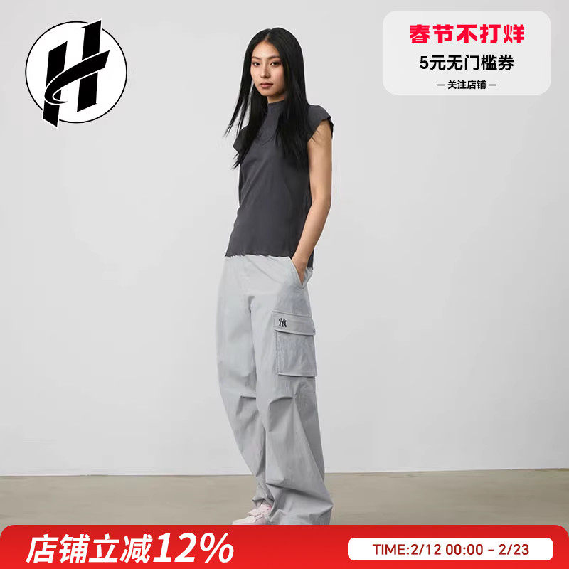 清仓 MLB FW23美式复古工装束脚阔腿裤松紧高腰工装裤女款