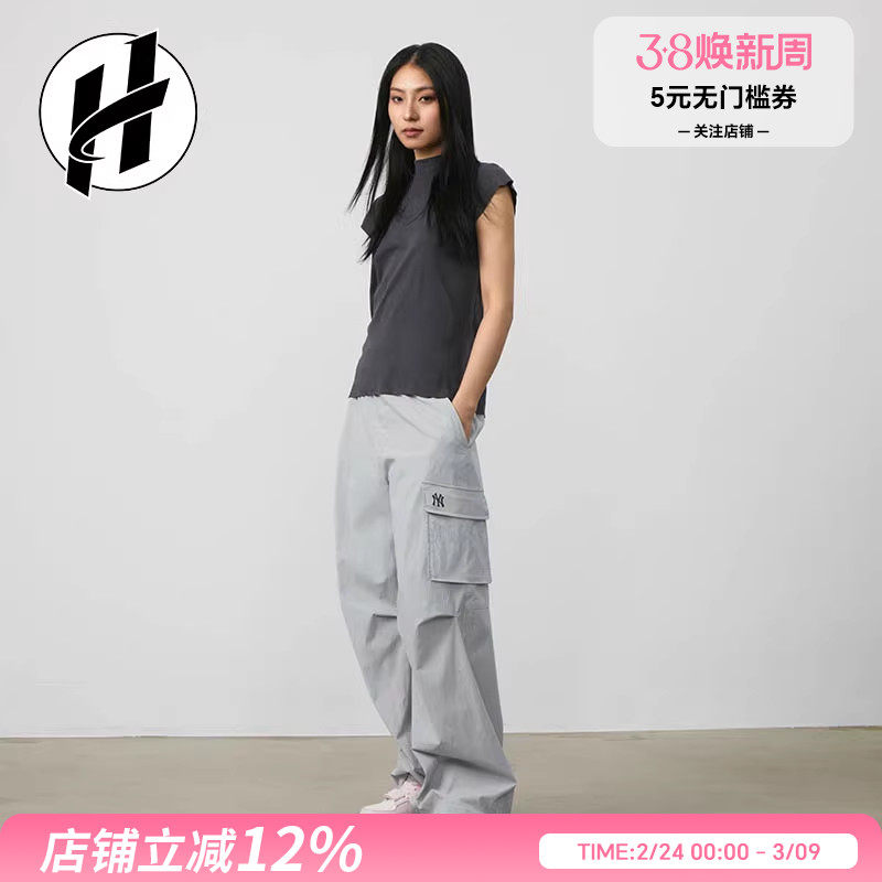 清仓 MLB FW23美式复古工装束脚阔腿裤松紧高腰工装裤女款