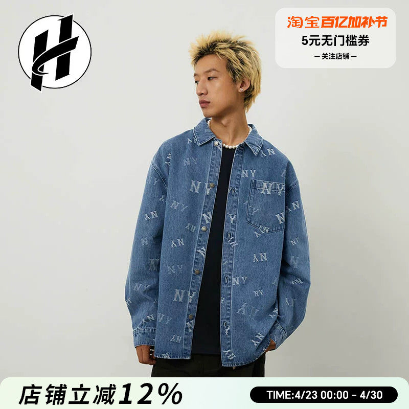 MLB男女情侣满印老花复古时尚牛仔衬衫外套休闲百搭长袖衬衫