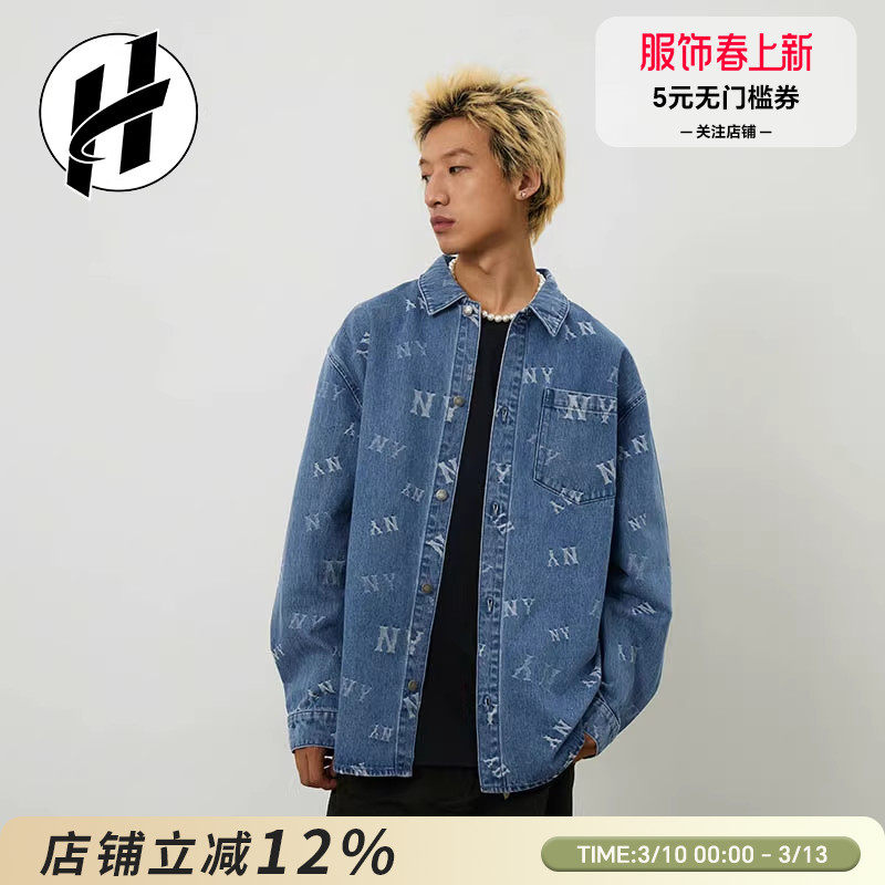 MLB男女情侣满印老花复古时尚牛仔衬衫外套休闲百搭长袖衬衫