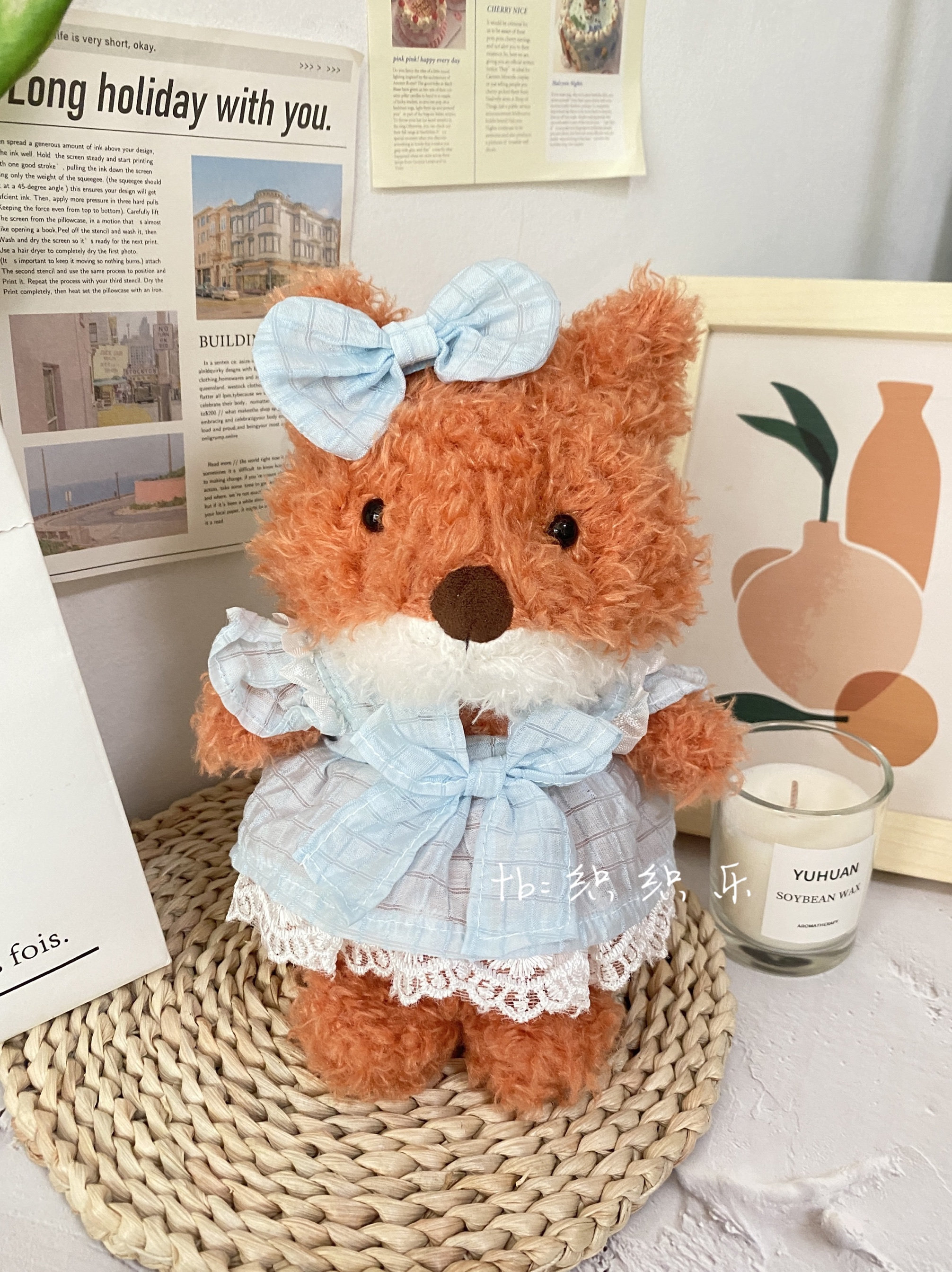 jellycat卷毛狐狸衣服裙子little系列蓝色连衣裙纯棉花朵蕾丝裙
