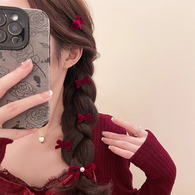 新年红色丝绒蝴蝶结发夹女侧边刘海夹小号碎发夹子鸭嘴夹发卡发饰