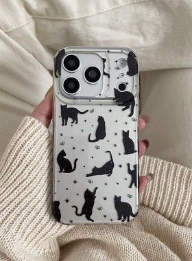 银色满屏黑猫适用于苹果IPHONE17PROMAX手机壳16pm新款15超火14不会撞壳可爱防摔硅胶超好看巨漂亮外壳