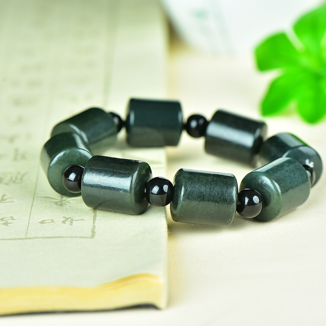 天然新疆和田玉青玉桶珠手链手串油润细腻男款玉石链子路路通手串