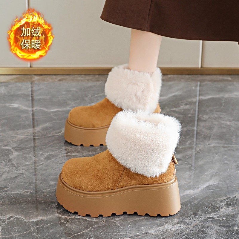 欧货磨砂皮仿羊羔绒翻领两穿兔毛雪地棉靴厚底松糕小个子高跟短靴