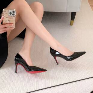 ins~最新款顶美水钻尖头高跟鞋宴会纯欲性感黑色绝美细跟漆皮单鞋