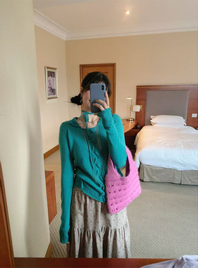 MOWENTI文文婷  绿色花边领镂空毛衣女2024冬款宽松百搭针织衫