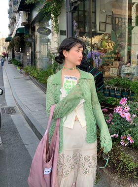 MOWENTI文文婷 白绿针织镂空开衫女2025年春季女防晒外套薄款罩衫