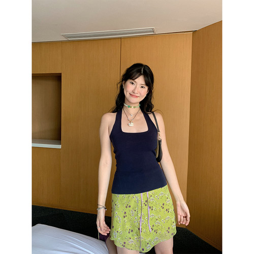 绿色碎花系带A字半身裙女