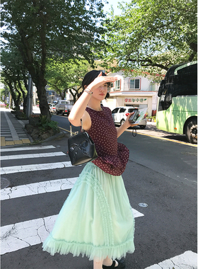 MOWENTI文文婷 法式蕾丝边绿色纱裙2025年夏季女小清新高腰半身裙