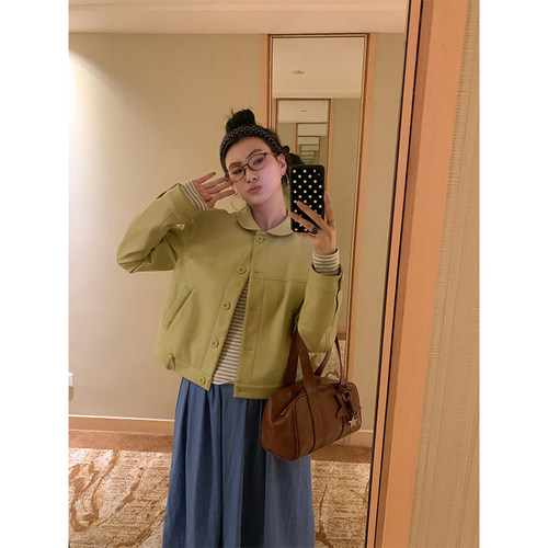 MOWENTI文文婷 韩系清新奶油黄绿短款皮衣女秋温柔翻领夹克外套
