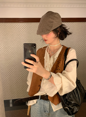 MOWENTI文文婷 咖色叠穿重工马夹2025年春季女无袖百搭麂皮背心