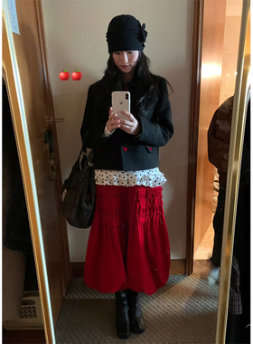 MOWENTI文文婷  圣诞红色褶皱半裙2024冬款氛围感女A字高腰半身裙