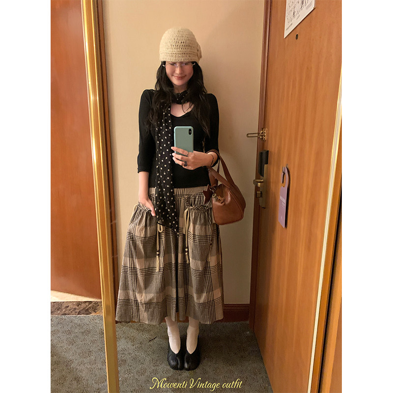 MOWENTI文文婷 森系灰白格纹半裙女秋双侧抽绳棉质混纺显瘦半身裙