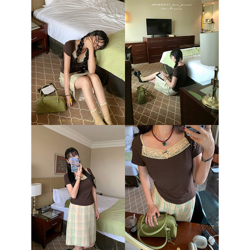 MOWENTI文文婷  复古咖色/蓝色碎花蕾丝拼接显瘦小上衣
