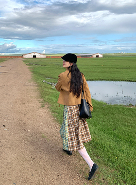 MOWENTI文文婷 法式复古双格纹拼接半身裙2025年秋款女撞色百褶裙