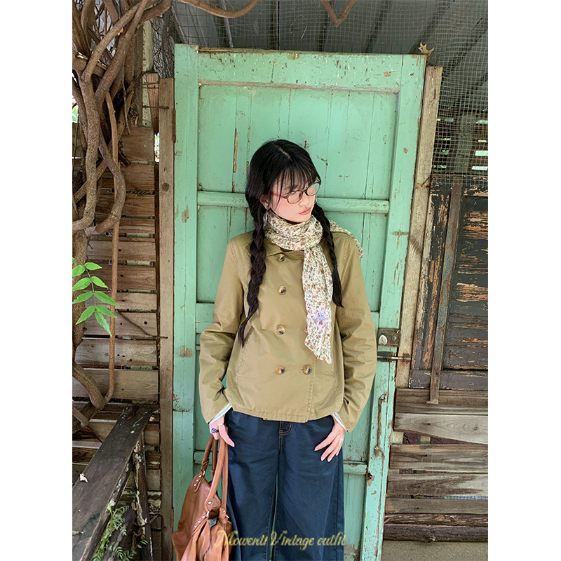 文文婷工装卡其双排扣显瘦风衣