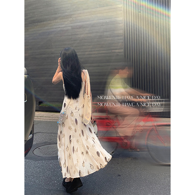 MOWENTI文文婷  法式设计感茶歇系树叶连衣裙女碎花背心长裙