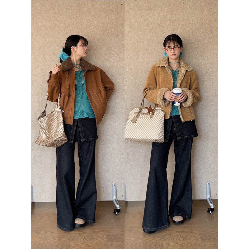 MOWENTI文文婷  深蓝色假二件微喇牛仔裤女2024秋冬设计款牛仔裤