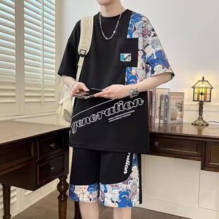 潮流印花短袖套装男夏季宽松oversize两件套休闲运动穿搭大码宽松