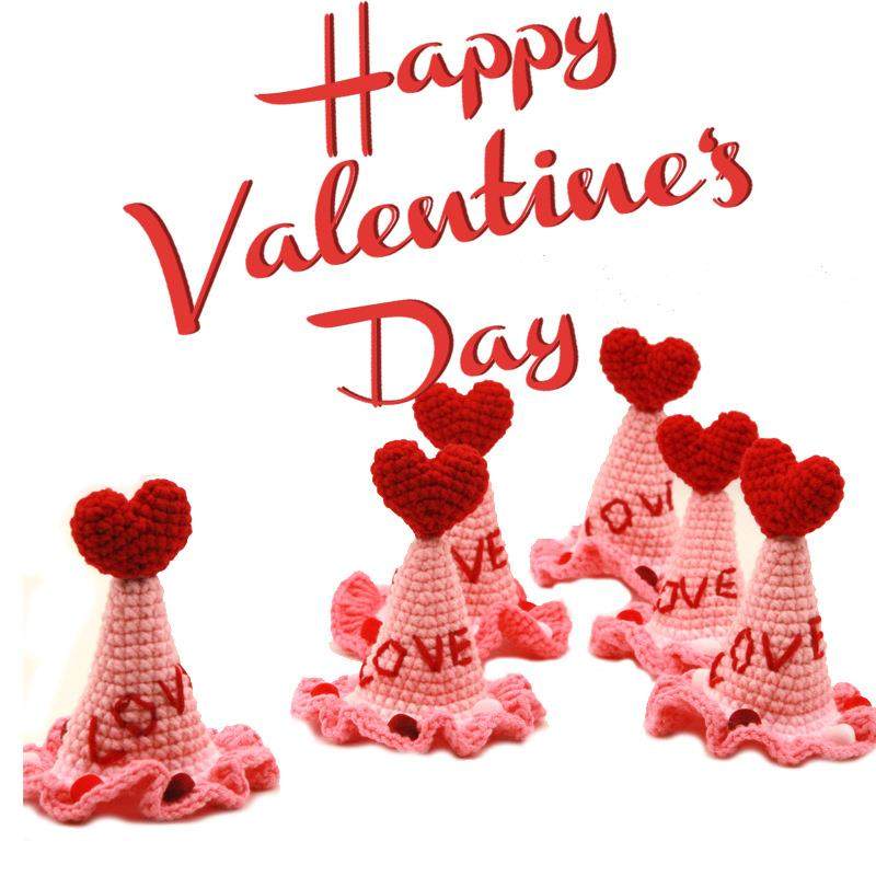 原创情人节猫咪狗狗爱心帽子可调节钩织项圈节日装扮拍照饰品