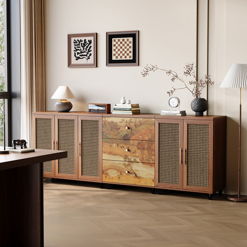 复古实木藤编大容量客厅储物矮柜