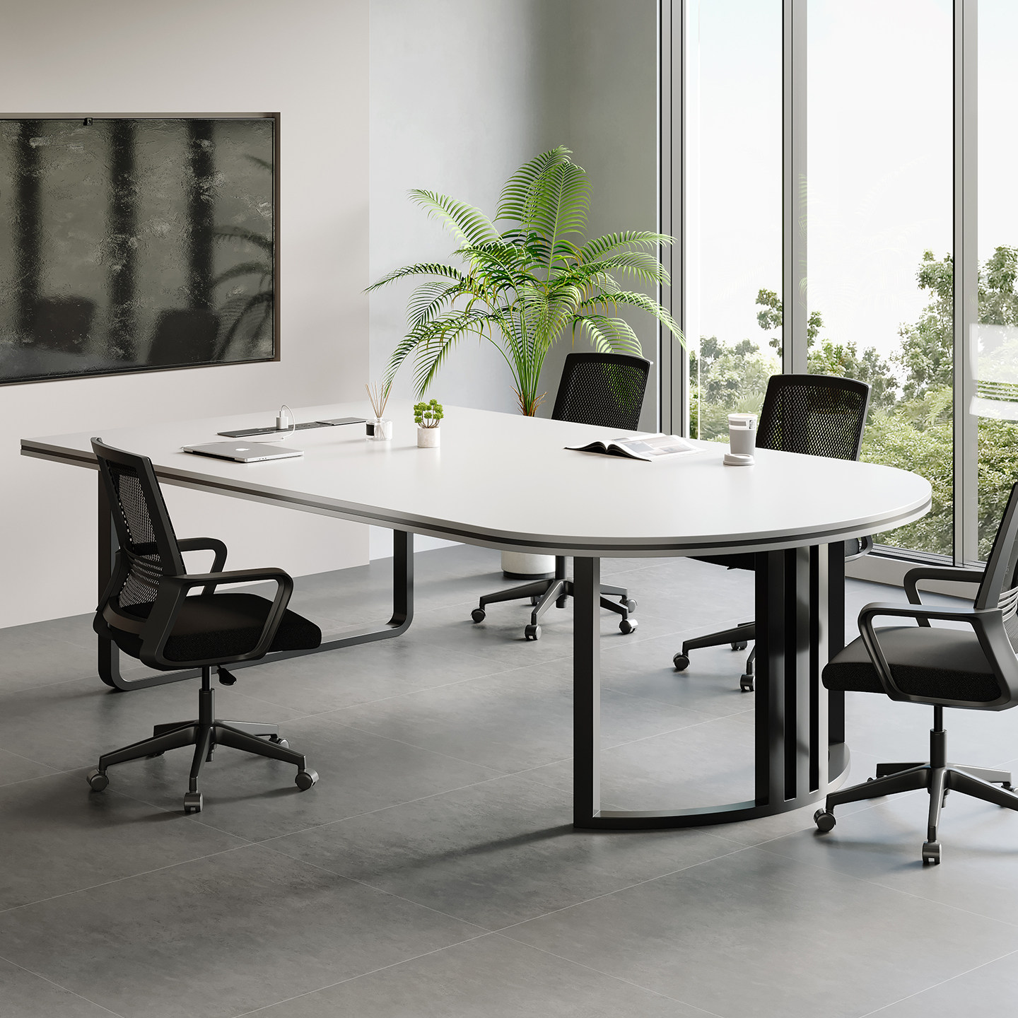 白色椭圆形会议桌现代简约洽谈桌椅组合铁艺半圆形长桌小型培训桌