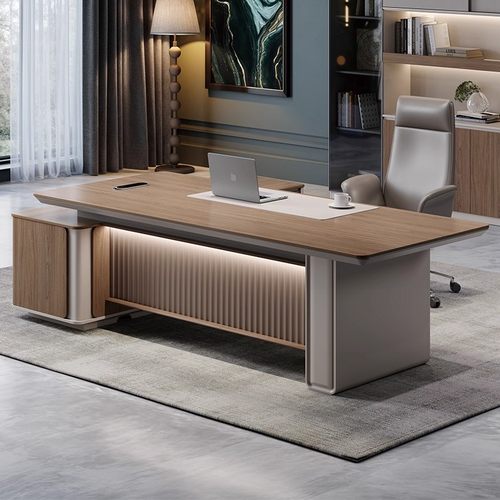老板桌轻奢高级感实木轻奢带侧柜隐藏插座氛围质感简约现代办公桌