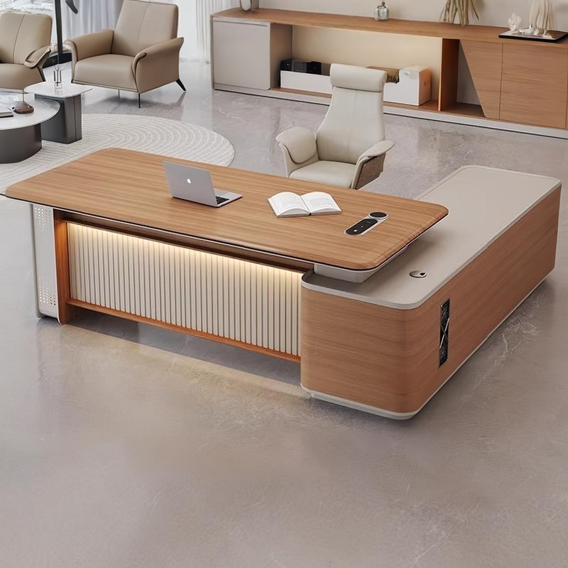 老板桌大班台一体式带侧柜轻奢简约现代风格隐藏式主机位办公桌