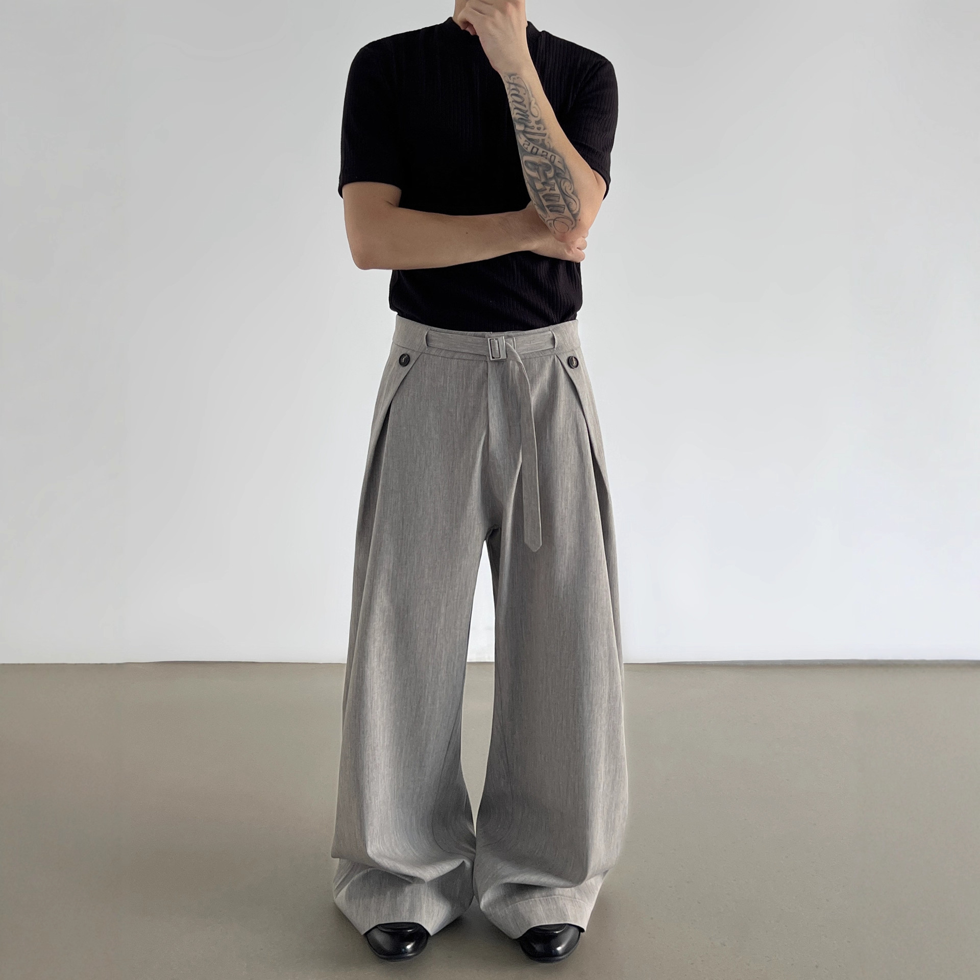 春秋季复古老钱风A字裤打褶亚麻西裤男款cleanfit直筒休闲阔腿裤