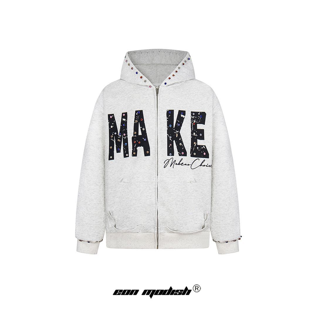 Eon Modish 25秋季New美式复古斑驳字母印花宽松连帽卫衣开衫