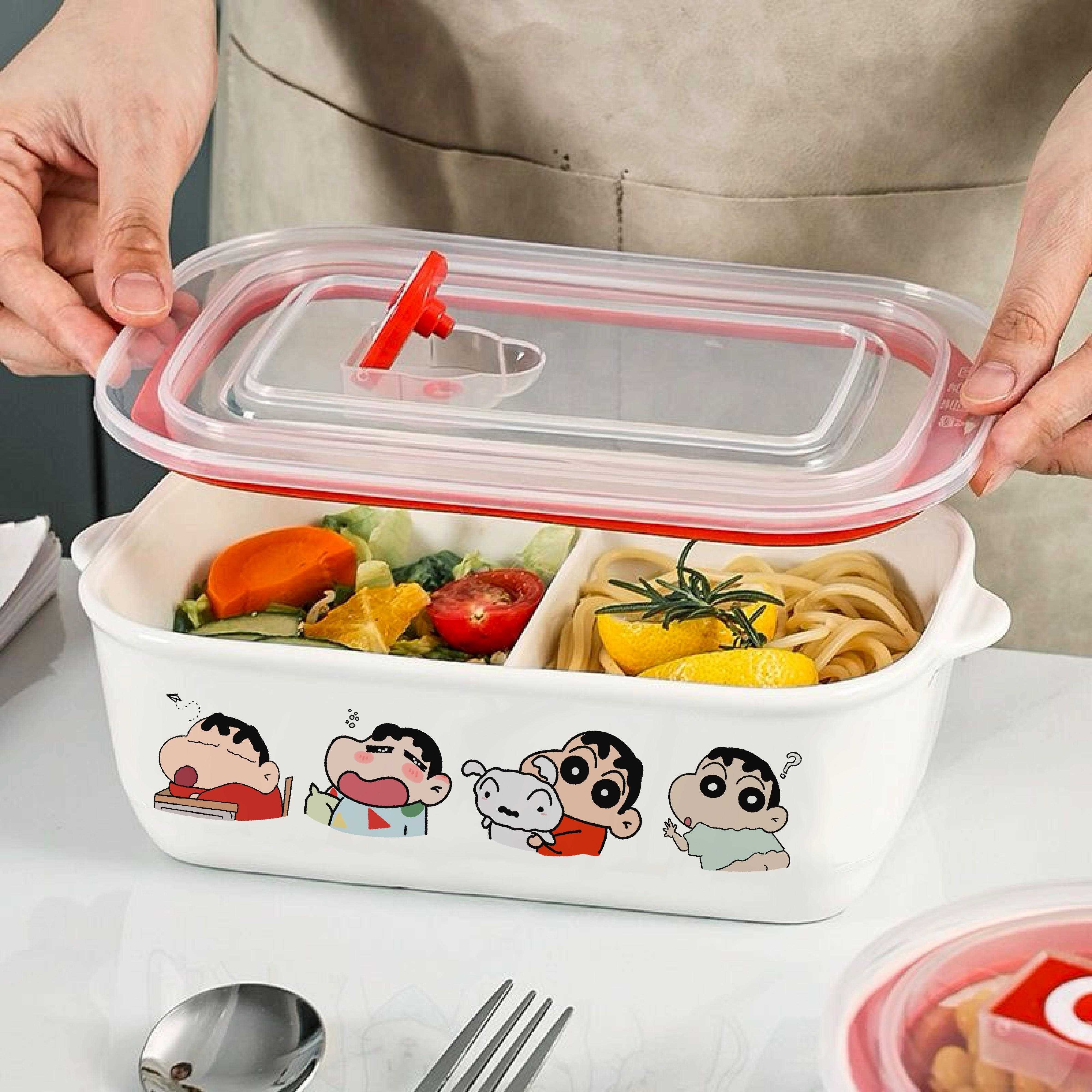 ins可爱卡通少女心可加热饭盒蜡笔小新上班族陶瓷分格饭盒带盖碗