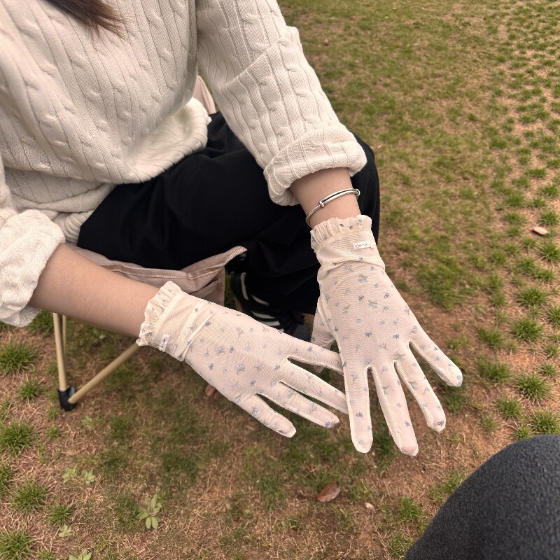 户外冰丝防滑手套可爱碎花防晒手