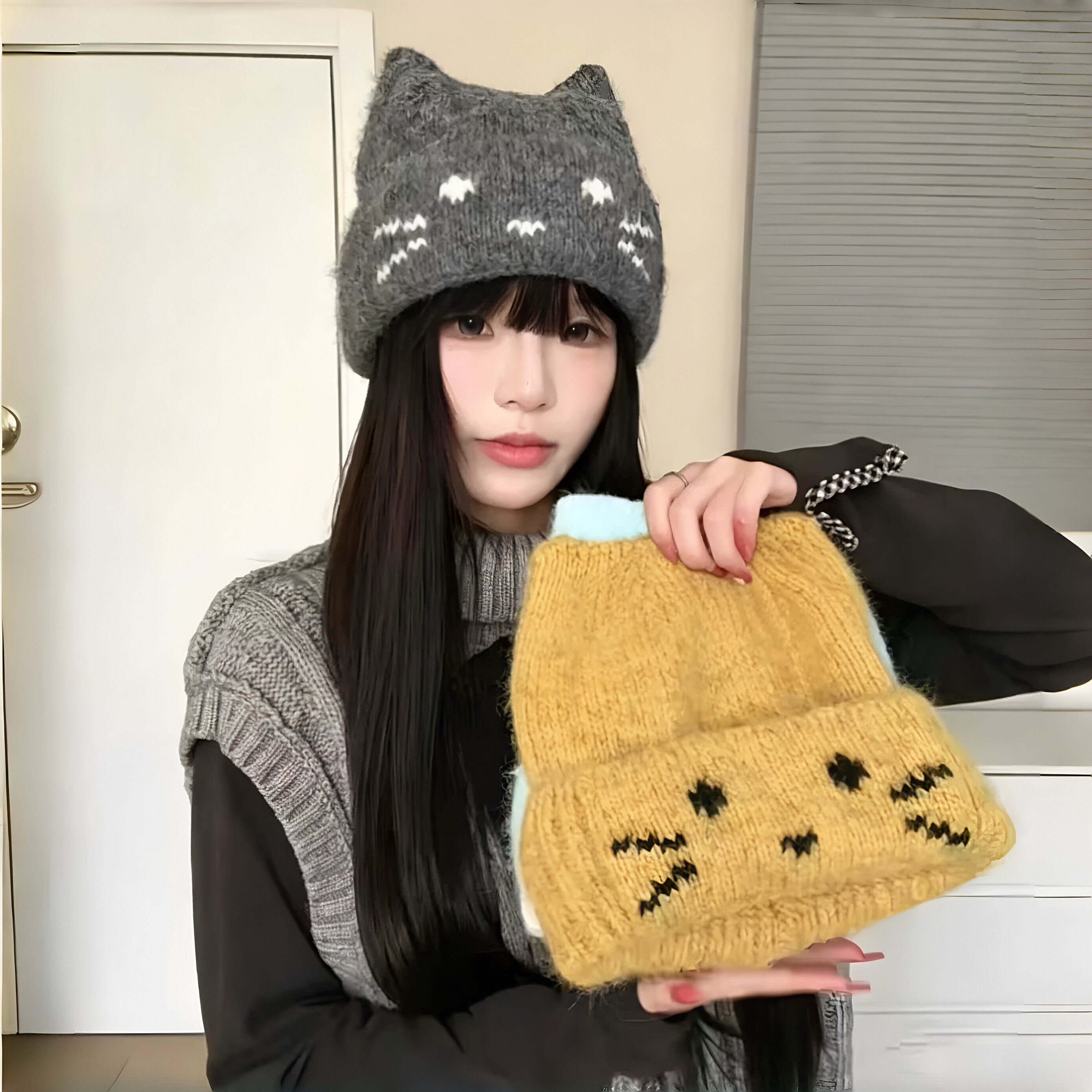 可爱猫咪毛线帽女秋冬立体耳朵针织帽保暖防寒出片神器2026秋冬