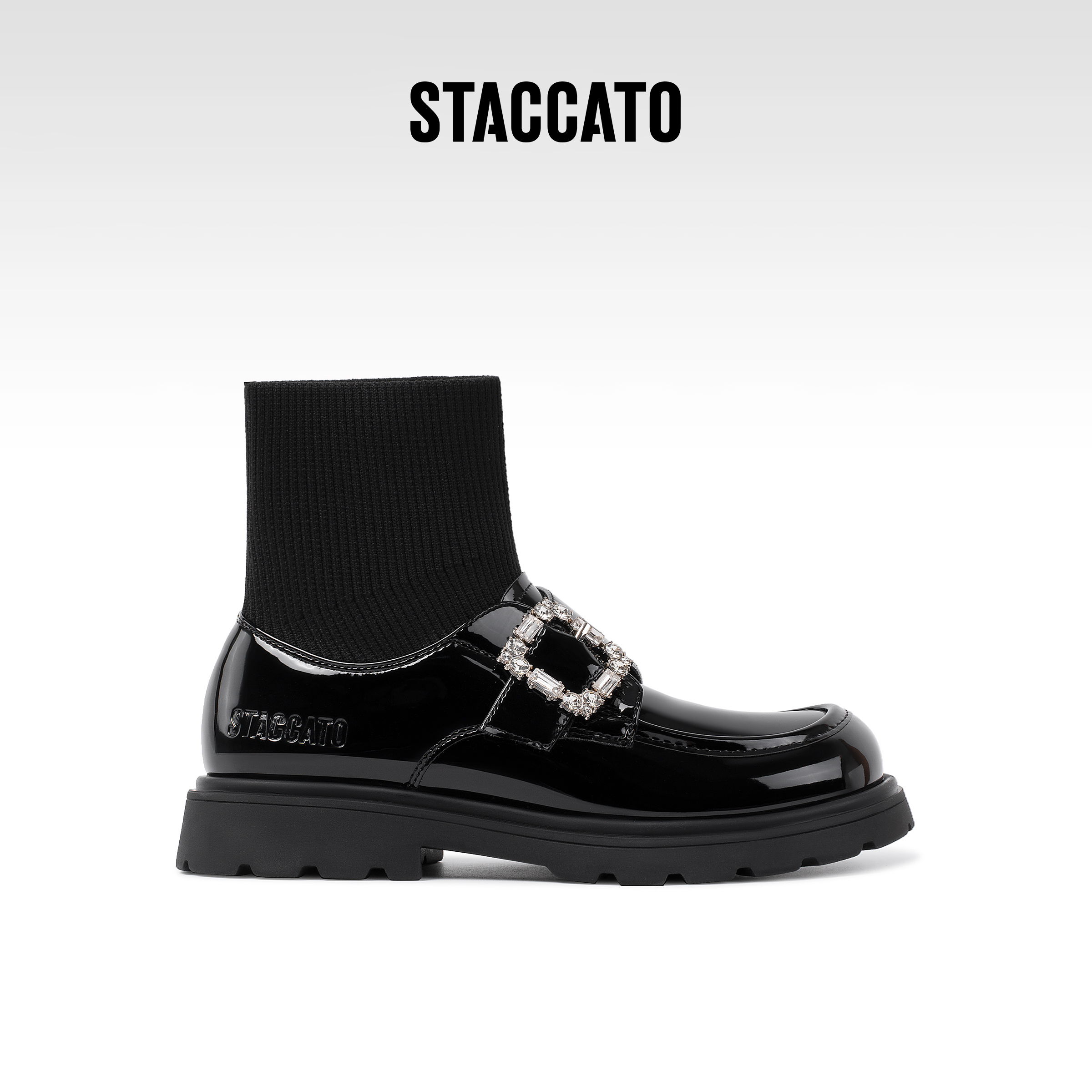 思加图童鞋女童袜筒靴秋季新款儿童短靴英伦风乐福鞋学生亮面皮鞋