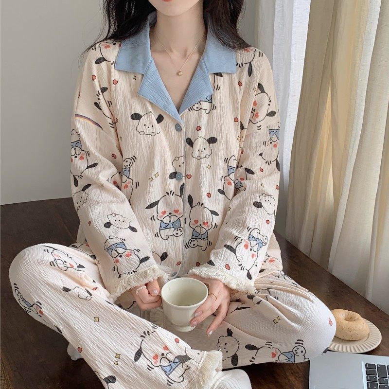 睡衣女款春秋季针织棉开衫长袖长裤甜美可爱卡通帕恰狗家居服套装