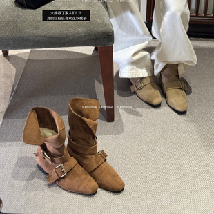 林阿一松弛感!早秋小众设计复古法式短靴小方头西部靴中筒女靴子