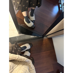 方头粗跟毛毛鞋内增高玛丽珍鞋加绒保暖荔枝纹单鞋女冬季