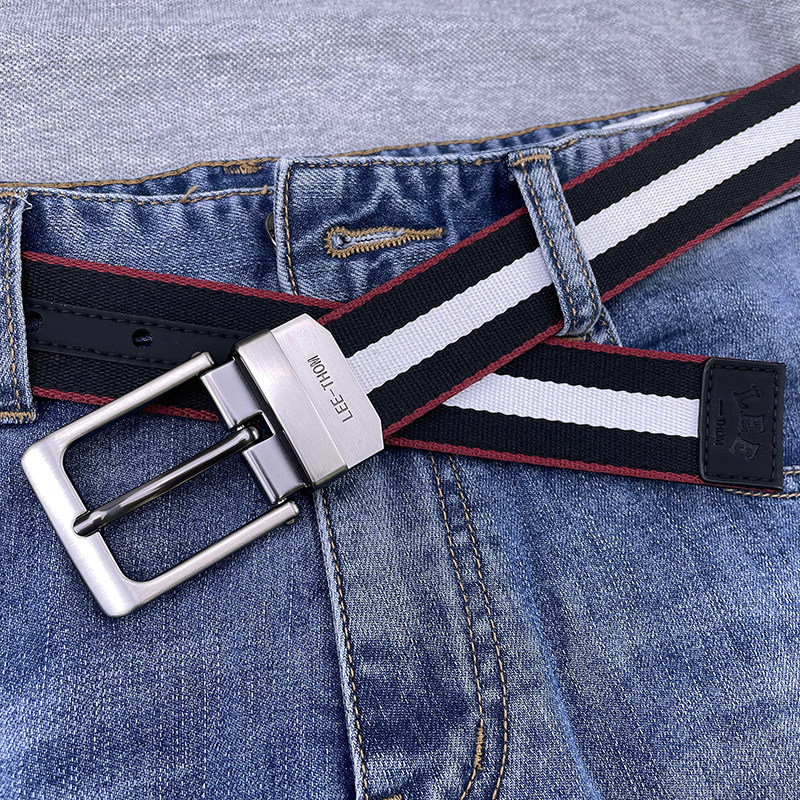 LEE-THOM男士皮带条纹帆布真皮双面用中青年休闲高尔夫男款裤腰带