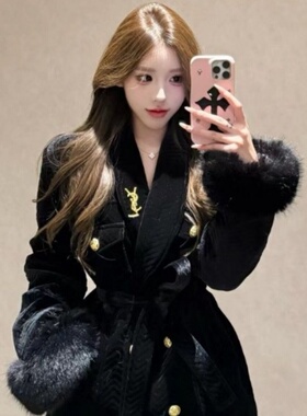 2025冬季新款金丝绒夹棉大衣西装领加厚棉服女显瘦收腰系带外套