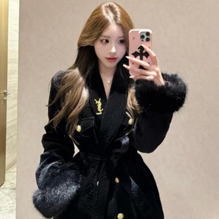 2025冬季新款金丝绒夹棉大衣西装领加厚棉服女显瘦收腰系带外套