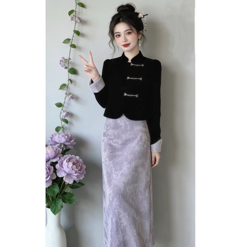 2025新中式旗袍套装女冬富家千金国风加棉上衣加紫色半身裙两件套,女装/女士精品,时尚套装,淘宝优惠券,粉丝福利购,淘宝优惠卷
