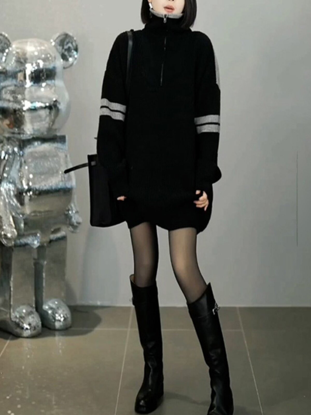 欧货漂亮高领毛衣女秋冬新款宽松慵懒中长款遮屁股拼色针织衫上衣