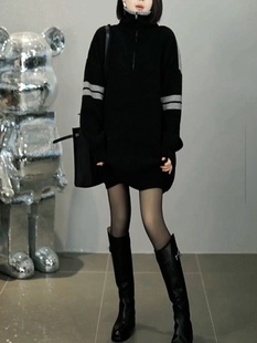 欧货漂亮高领毛衣女秋冬新款宽松慵懒中长款遮屁股拼色针织衫上衣