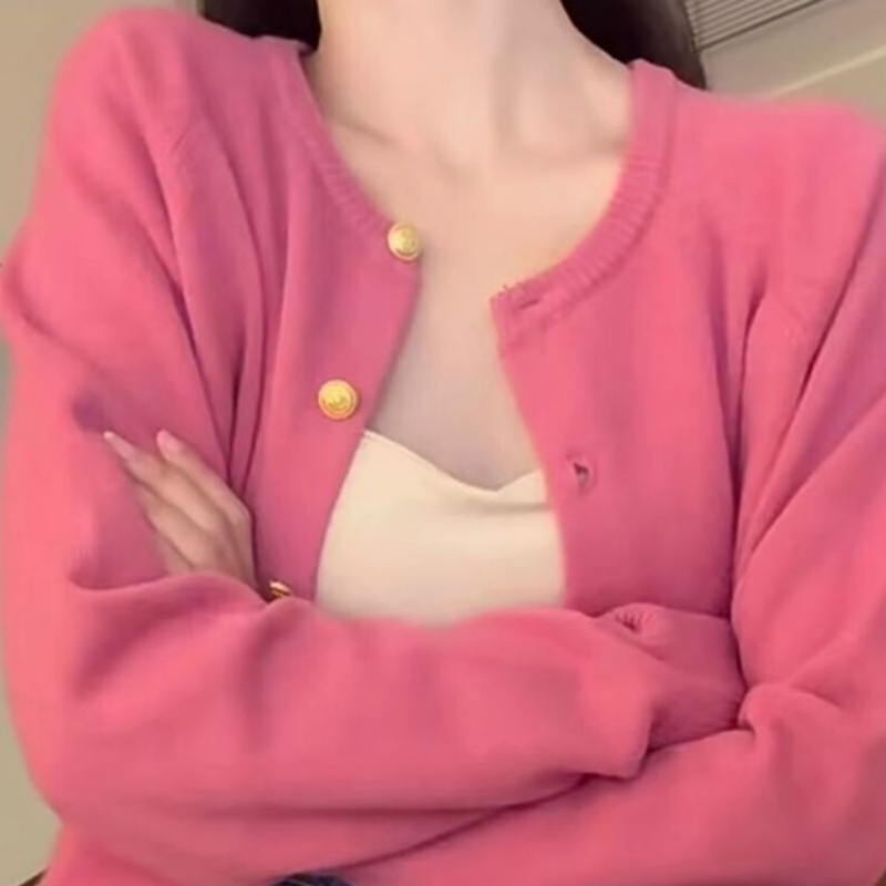 小众慵懒风玫红色针织开衫女秋冬温柔氛围感软糯毛衣外套漂亮上衣