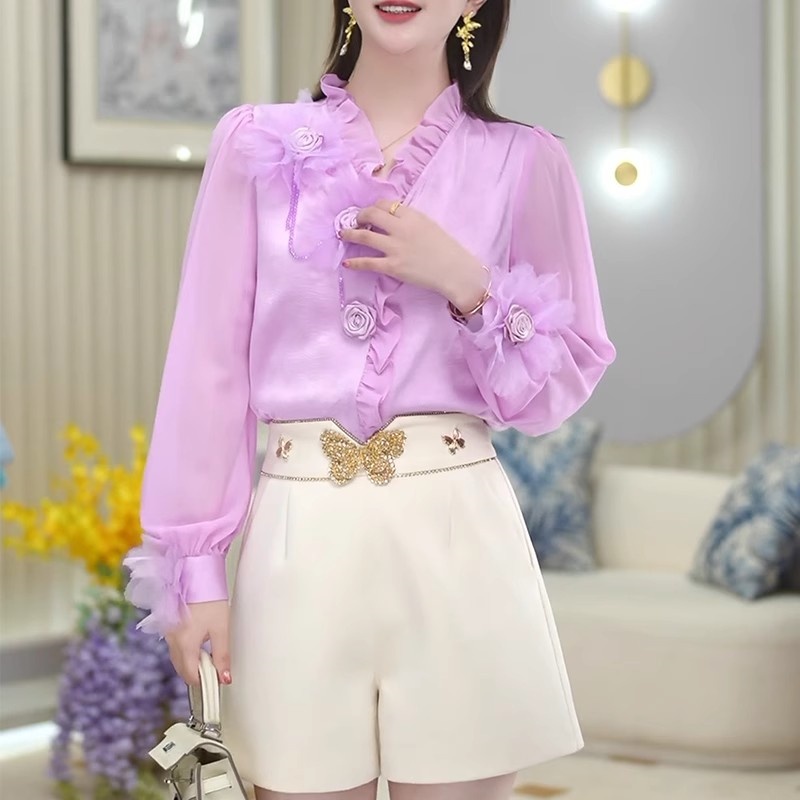 2025春季粉色立体花朵长袖衬衫大码女装胖MM时尚通勤百搭高端上衣