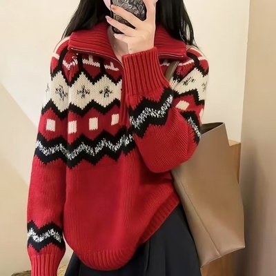 复古高领半拉链费尔岛提花衫女欧货加厚秋冬圣诞红色毛衣