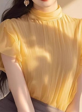 法式气质绝美黄色衬衫女高级荷叶边流行漂亮小衫夏季雪纺短袖上衣