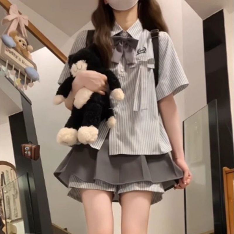 韩系jk制服学院风短裙套装女夏季小个子条纹短袖衬衫半身裙两件套