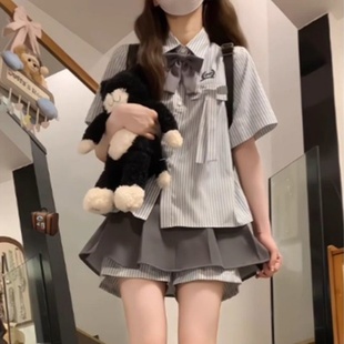 半身裙两件套 韩系jk制服学院风短裙套装 女夏季 小个子条纹短袖 衬衫